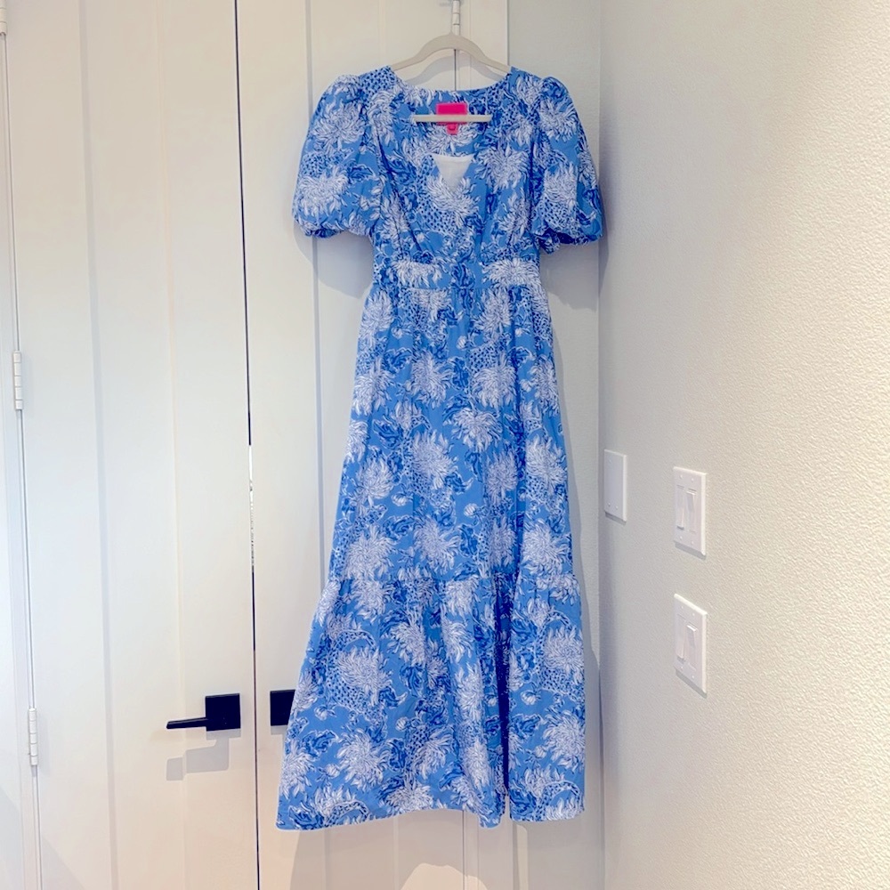 Lilly Pulitzer Ezralyn Short Sleeve Cotton Maxi Dress Boca Blue Croc - Picture 4 of 7